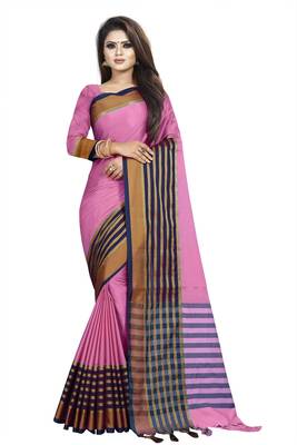 Pink plain cotton saree with blouse 1