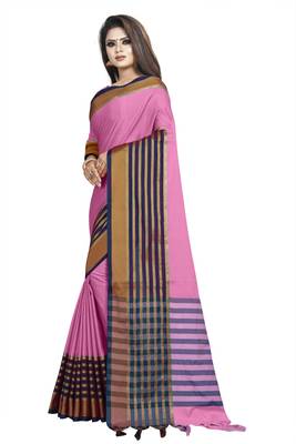 Pink plain cotton saree with blouse 2