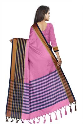 Pink plain cotton saree with blouse 3