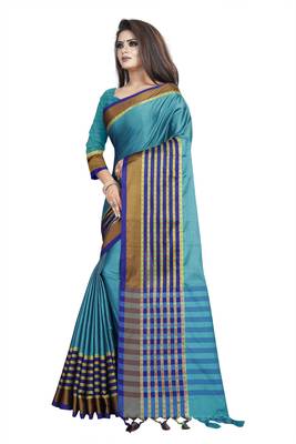 Sky blue plain cotton saree with blouse 2