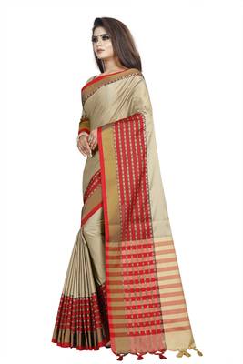 Cream plain cotton saree with blouse 2