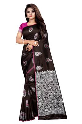 Coffee printed jacquard saree with blouse 1