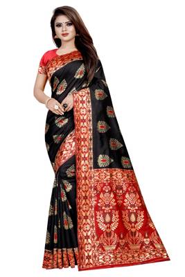 Black printed jacquard saree with blouse 1