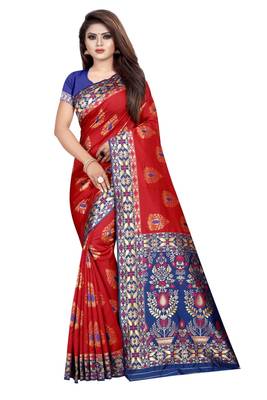 Red printed jacquard saree with blouse 1