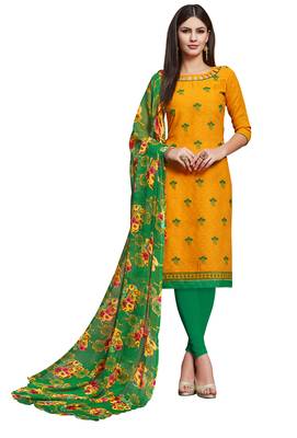 Yellow embroidered cotton unstitched salwar with dupatta 1