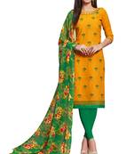 Yellow embroidered cotton unstitched salwar with dupatta