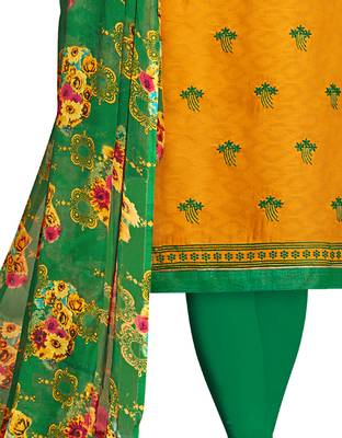 Yellow embroidered cotton unstitched salwar with dupatta 3