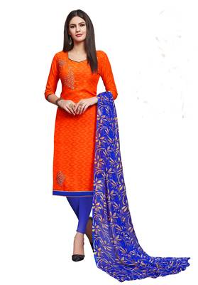 Orange embroidered cotton unstitched salwar with dupatta 1
