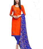 Orange embroidered cotton unstitched salwar with dupatta