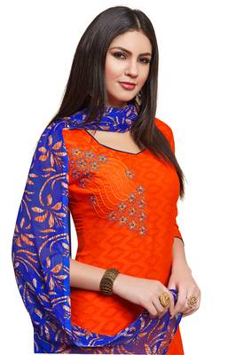 Orange embroidered cotton unstitched salwar with dupatta 2
