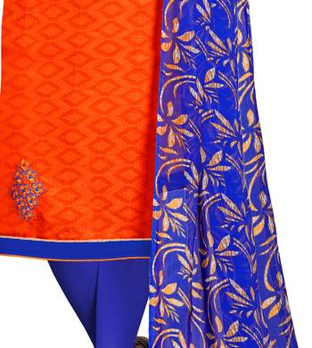 Orange embroidered cotton unstitched salwar with dupatta 3