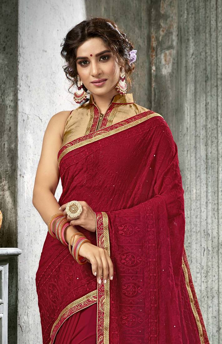 Maroon Plain Georgette Saree With Blouse