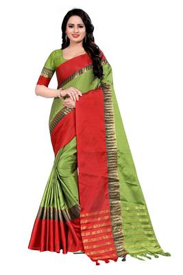 Green Weaving Embroidered Cotton Saree With Blouse 1