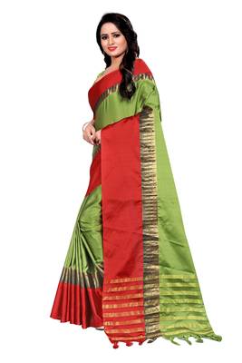 Green Weaving Embroidered Cotton Saree With Blouse 2