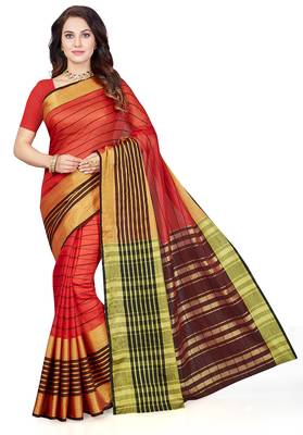 Red woven cotton poly saree with blouse 1