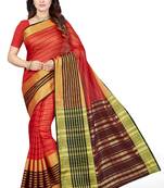 Red woven cotton poly saree with blouse