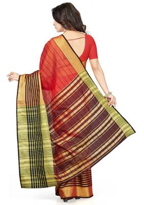 Red woven cotton poly saree with blouse 2