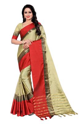 Cream Weaving Embroidered Cotton Saree With Blouse 1