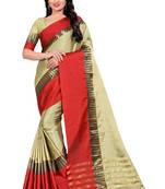 Cream Weaving Embroidered Cotton Saree With Blouse