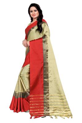Cream Weaving Embroidered Cotton Saree With Blouse 2