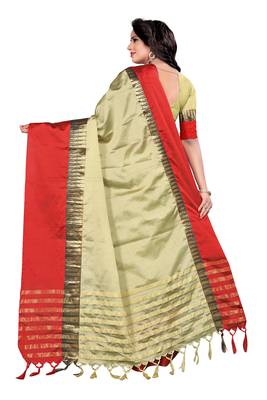 Cream Weaving Embroidered Cotton Saree With Blouse 3