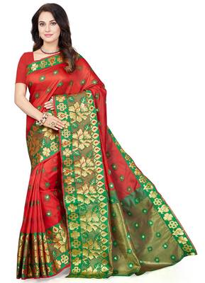 Red woven art silk saree with blouse 1