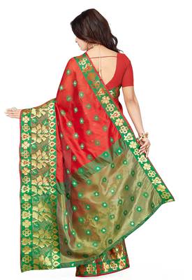 Red woven art silk saree with blouse 2