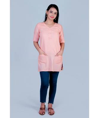 Peach linen short top with twin buttons on neck 1
