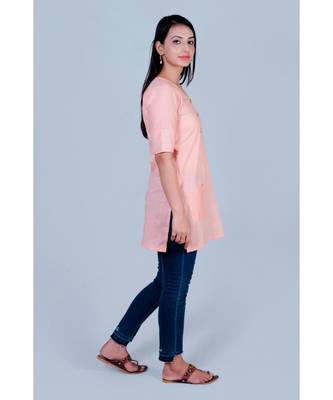 Peach linen short top with twin buttons on neck 2