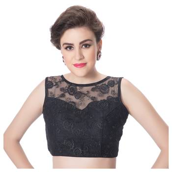 Bright Black High Neck Dupion Silk Full Net Padded Princess Cut Sleeveless Readymade Saree Blouse 1