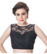 Bright Black High Neck Dupion Silk Full Net Padded Princess Cut Sleeveless Readymade Saree Blouse