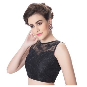 Bright Black High Neck Dupion Silk Full Net Padded Princess Cut Sleeveless Readymade Saree Blouse 2