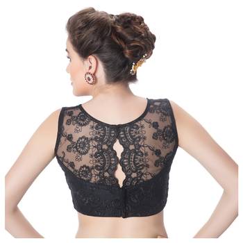 Bright Black High Neck Dupion Silk Full Net Padded Princess Cut Sleeveless Readymade Saree Blouse 3