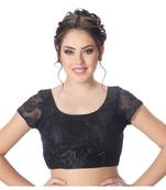 Back Open Art Silk Bright Black Net Short Net Sleeves Princess Cut Padded Readymade Saree Blouse