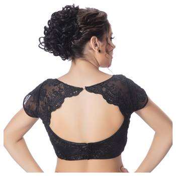 Back Open Art Silk Bright Black Net Short Net Sleeves Princess Cut Padded Readymade Saree Blouse 3