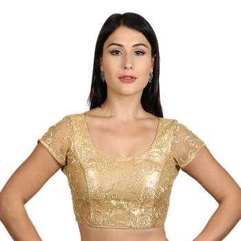 Back Open Art Silk Bright Gold Net Short Net Sleeves Princess Cut Padded Readymade Saree Blouse 1