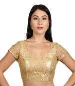 Back Open Art Silk Bright Gold Net Short Net Sleeves Princess Cut Padded Readymade Saree Blouse