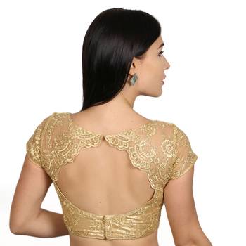 Back Open Art Silk Bright Gold Net Short Net Sleeves Princess Cut Padded Readymade Saree Blouse 3