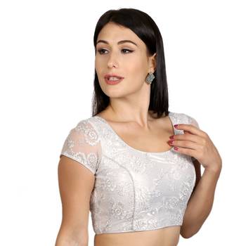 Back Open Art Silk Silver Net Short Net Sleeves Princess Cut Padded Readymade Saree Blouse 2