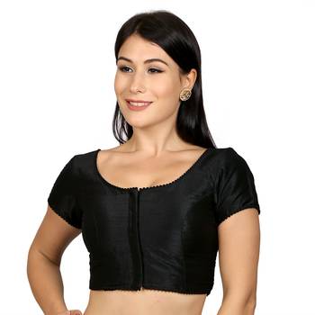 Black Raw Silk Princess Cut Plain Padded Readymade Saree Blouse 1