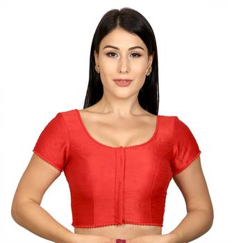 Red Raw Silk Princess Cut Plain Padded Readymade Saree Blouse 1