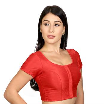 Red Raw Silk Princess Cut Plain Padded Readymade Saree Blouse 2