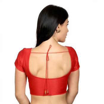 Red Raw Silk Princess Cut Plain Padded Readymade Saree Blouse 3
