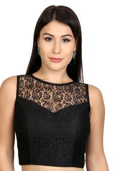 High Neck Black Dupion Silk Full Net Padded Princess Cut Short Sleeves  Readymade Saree Blouse - Neckbook - 3033443