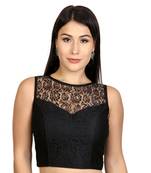 High Neck Black Dupion Silk Full Net Padded Princess Cut Sleeveless Readymade Saree Blouse