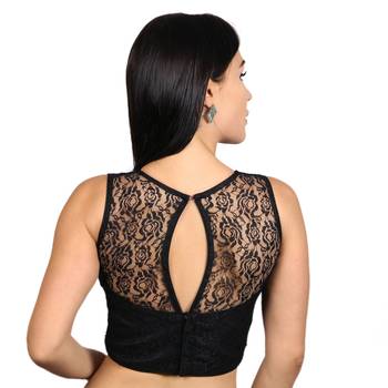 High Neck Black Dupion Silk Full Net Padded Princess Cut Sleeveless Readymade Saree Blouse 3