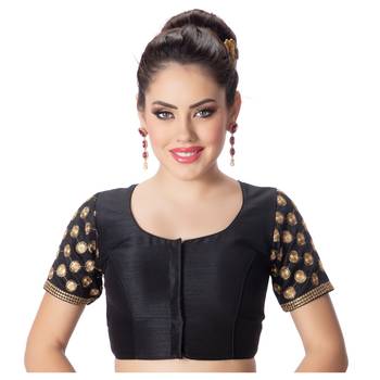 Jacquard Silk Embroidery Black Gold Readymade Saree Blouse 1