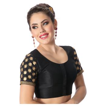 Jacquard Silk Embroidery Black Gold Readymade Saree Blouse 2