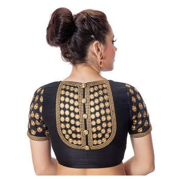 Jacquard Silk Embroidery Black Gold Readymade Saree Blouse 3