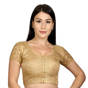 Jacquard Silk Embroidery Gold Net Short Sleeves Padded Princess Cut Readymade Saree Blouse 1